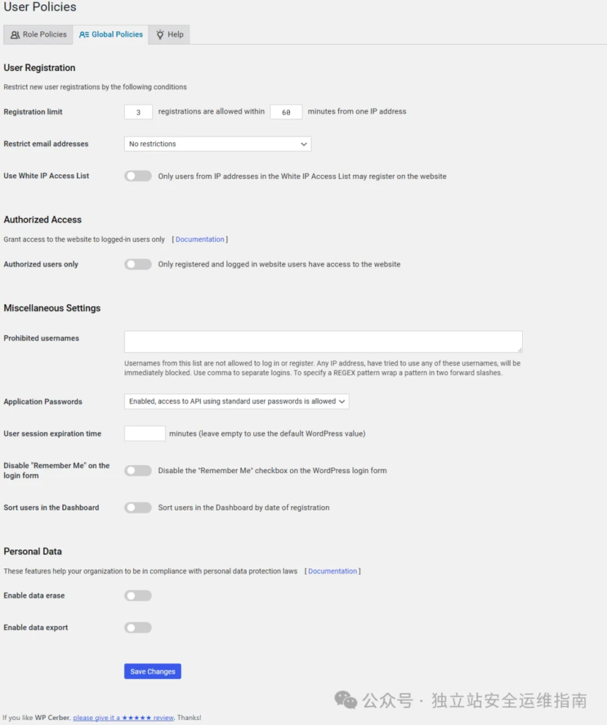 安全插件-WP-Cerber-User-Policies-Global-Policies