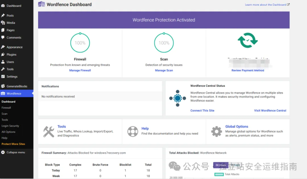安全插件-Wordfence-Dashboard